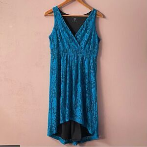 Mac + Jac Black Lined Turquoise Lace Overlay Hi-Low Dress Size M EUC